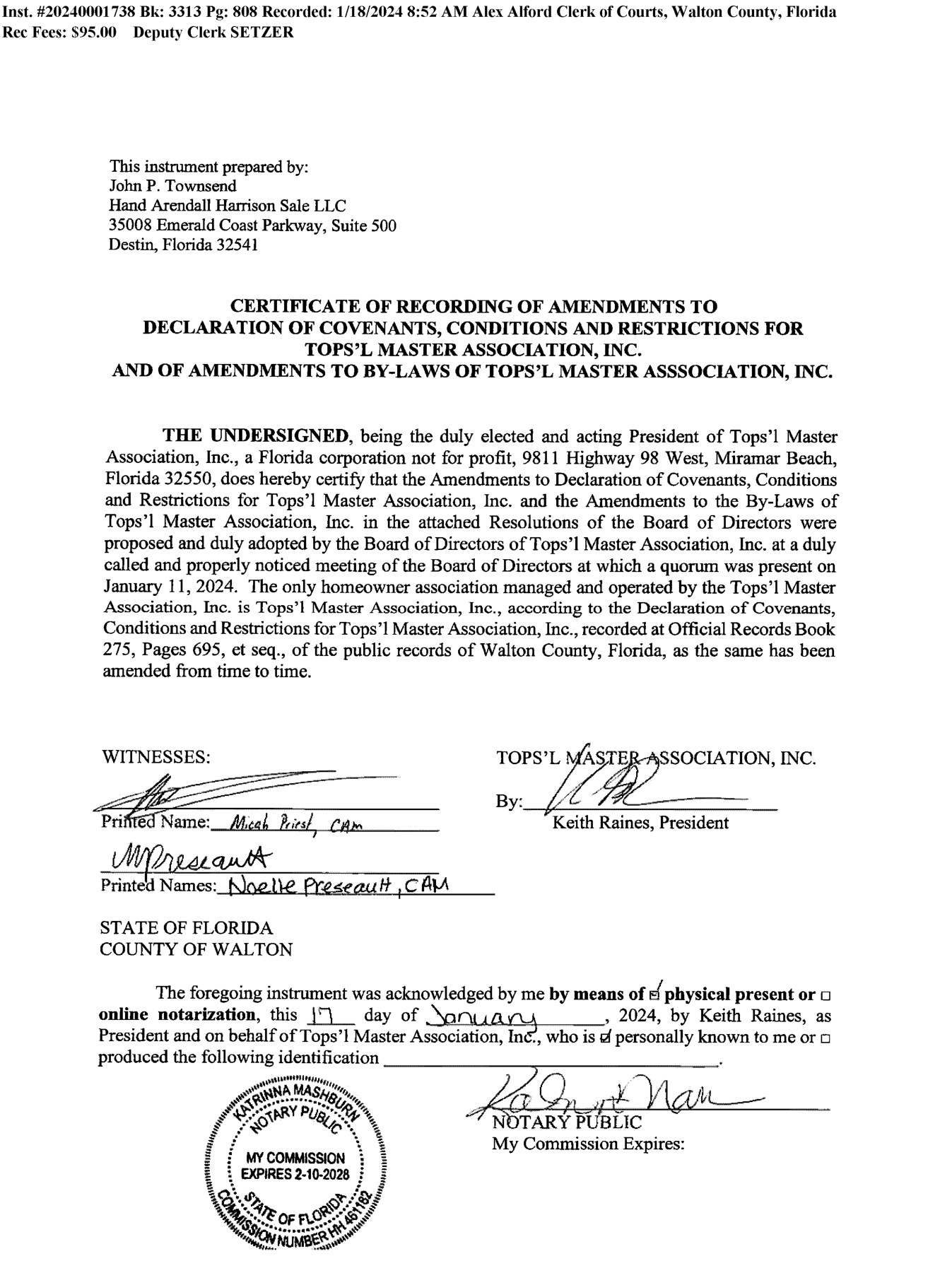 Certificate of recording of amendments to the TOPS'L Master Association Declaration and By-Laws, recorded January 18, 2024, Walton County Instrument 20240001738, Book 3313, Page 808, signed by Keith Raines, President