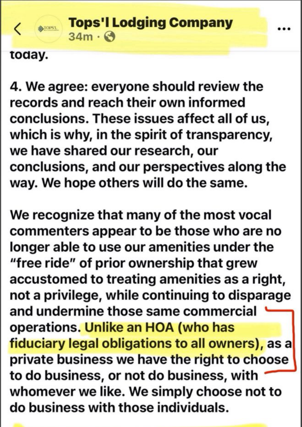 Facebook post by the Tops'l Lodging Company page reading: Unlike an HOA (who has fiduciary legal obligations to all owners), as a private business we have the right to choose to do business, or not do business, with whomever we like. We simply choose not to do business with those individuals.