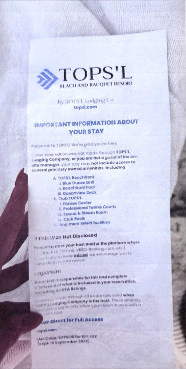 The May 2026 check-in flyer titled Important Information About Your Stay, listing the amenities closed to guests not booked through the TOPS'L Lodging program and suggesting they leave an accurate review of the listing that misled them