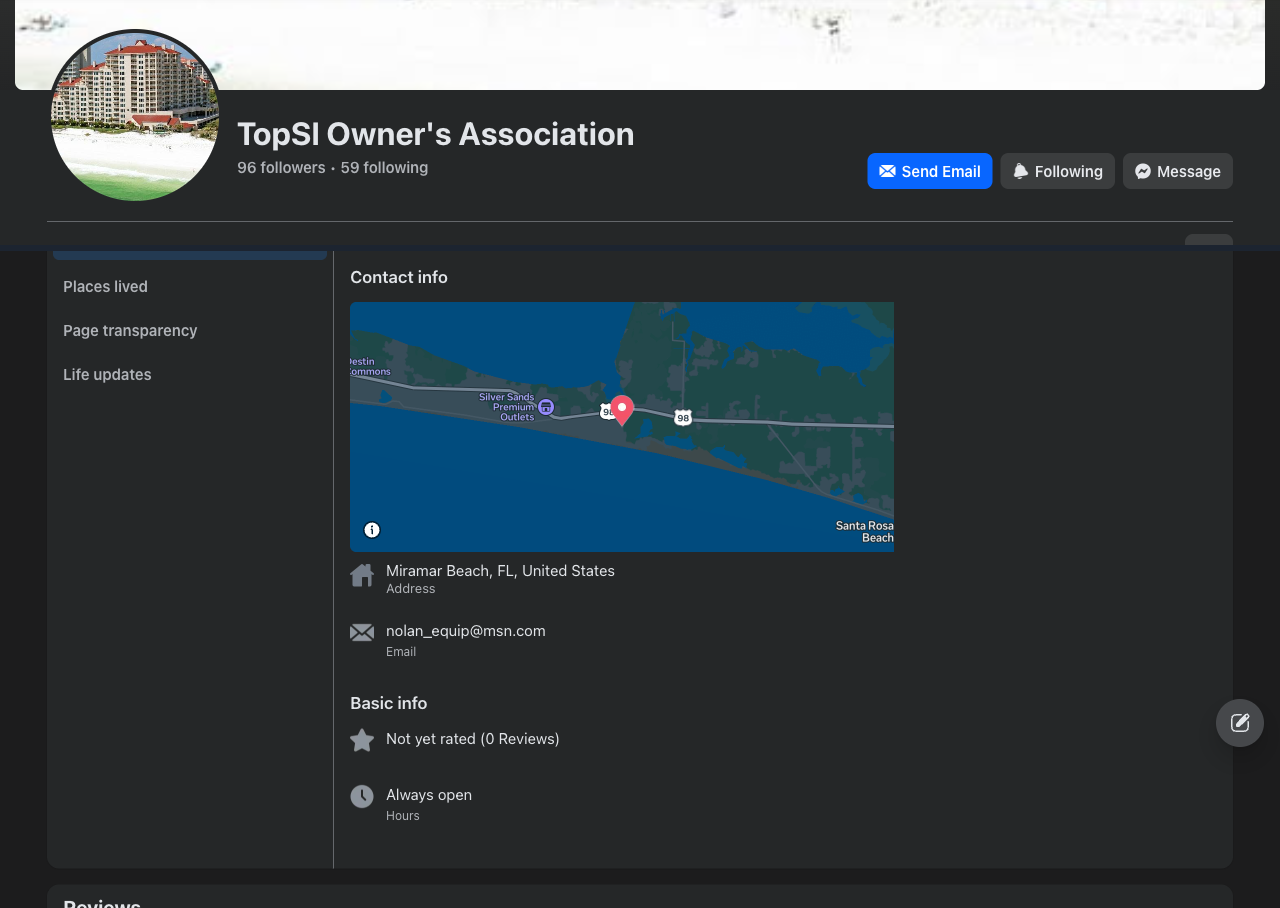 The TopSl Owner's Association Facebook page header and its About contact information listing nolan_equip@msn.com as the page email